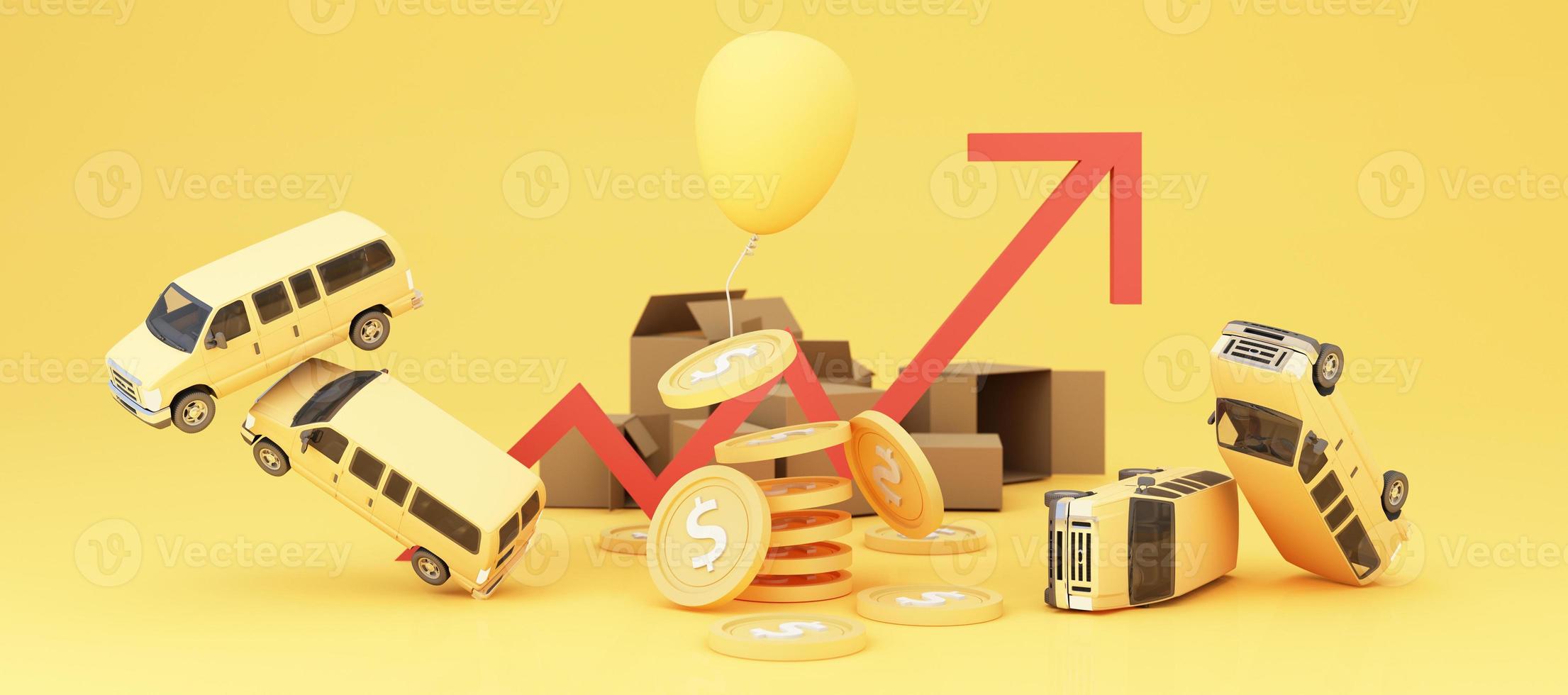 The concept of inflation is increasing. affecting international trade and transportation business in the yellow and red background and transport of the surrounding and cardboard 3d rendering photo