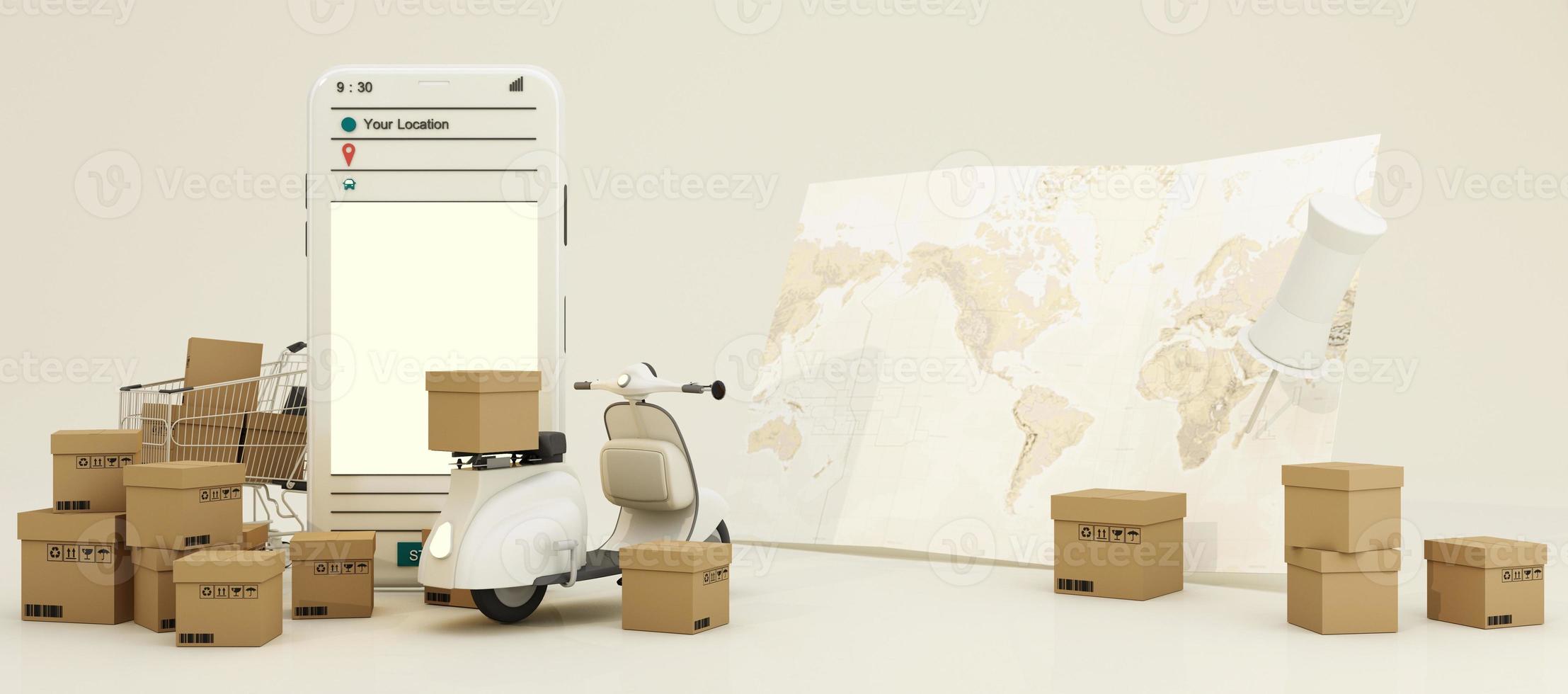 the Earth world map surrounded by cardboard boxes, a cargo container ship, a flying plane, a car, a van and a truck with gps location on blue background 3D rendering isometric view photo