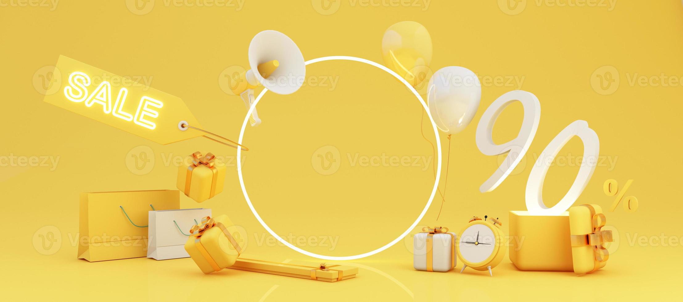 Great discount banner design with SALE text phrase on green and yellow background with gift box, shopping cart bag and alarm clock elements megaphone with product stand 3d rendering photo