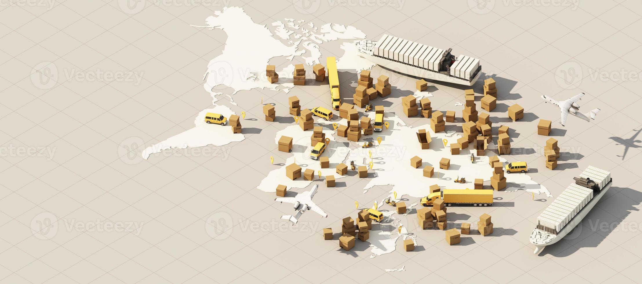 the Earth world map surrounded by cardboard boxes, a cargo container ship, a flying plane, a car, a van and a truck with gps location on blue background 3D rendering isometric view photo