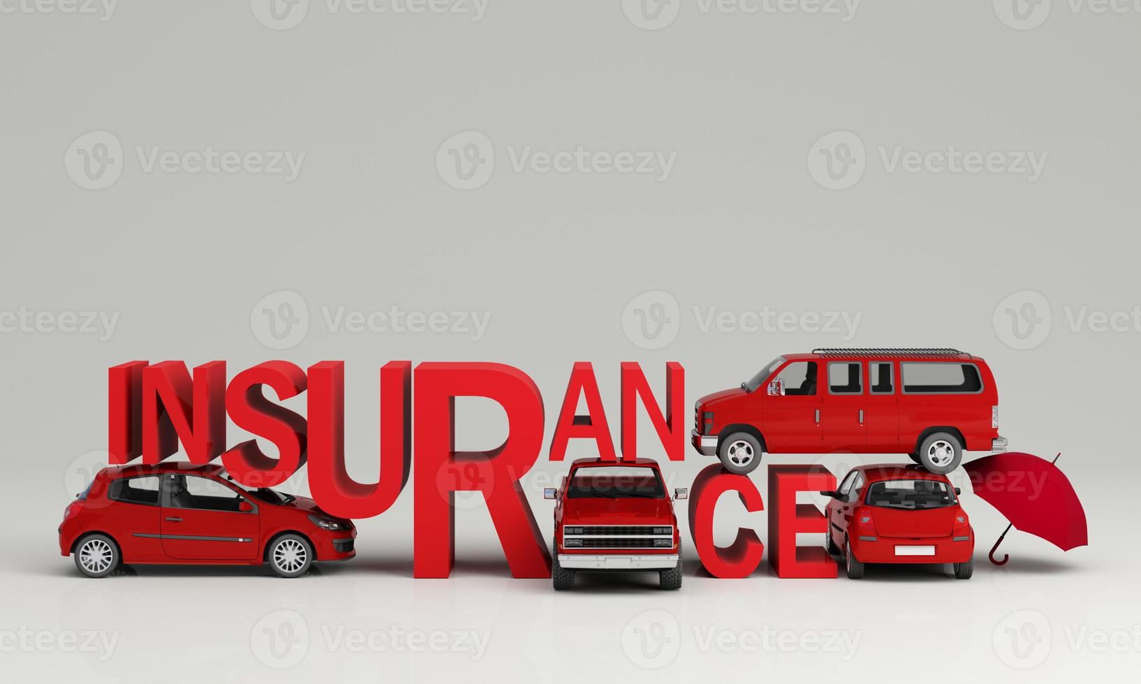 Car protection and safety assurance concept, modern red automobile sedan truck van under white text font and umbrella, isolated on red background, 3d illustration rendering isometric photo