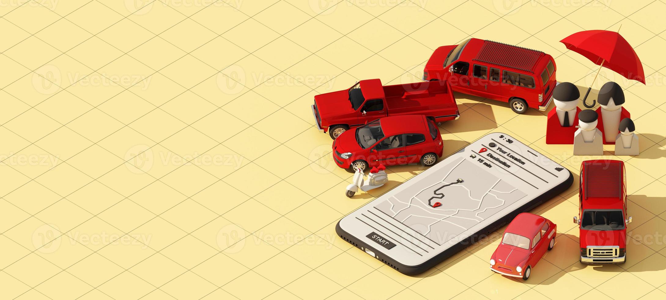 Car protection and safety assurance concept, modern red automobile sedan truck van under white text font and umbrella, isolated on red background, 3d illustration rendering isometric photo