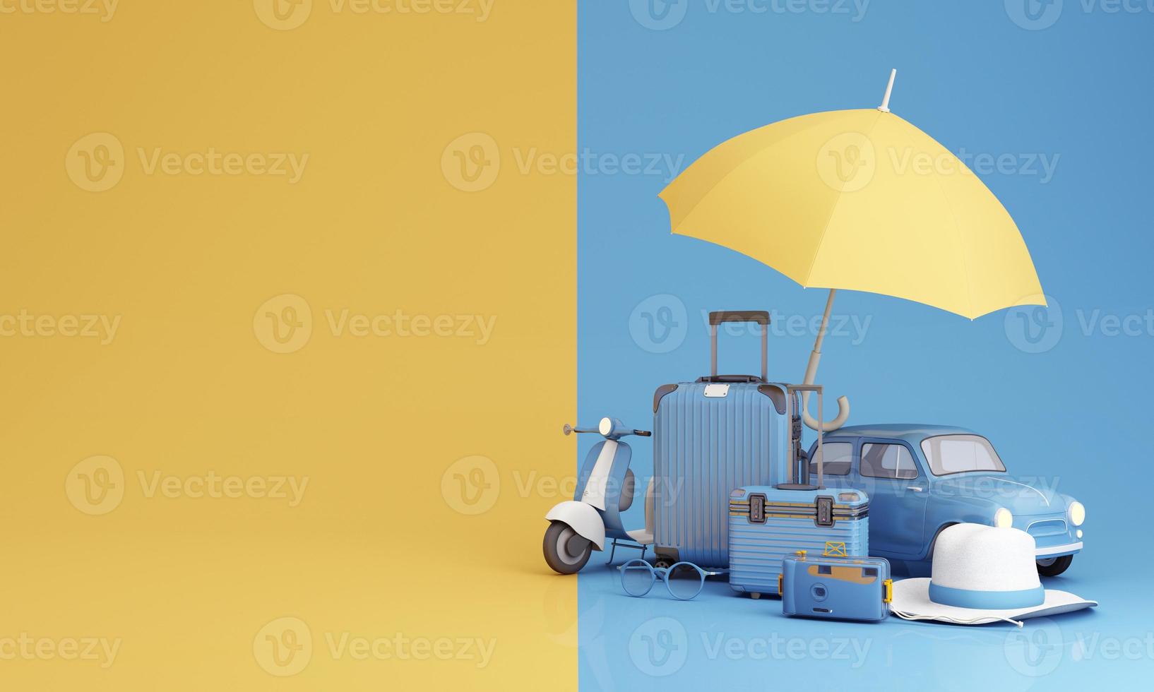 The letter Insurance glows on the cube, blue and yellow. Placed on the world map and model family cartoon characters and planes in the concept of travel insurance, travel and protection. 3d render photo