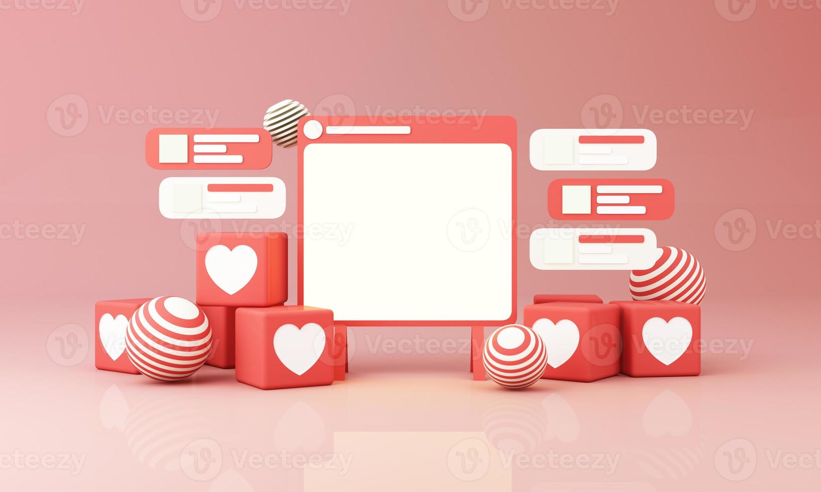 Digital Marketing, web analytics and marketing social media concept with play, chat message, love icon, magnifying glass and display bar and phone screen yellow background. 3d rendering illustration photo