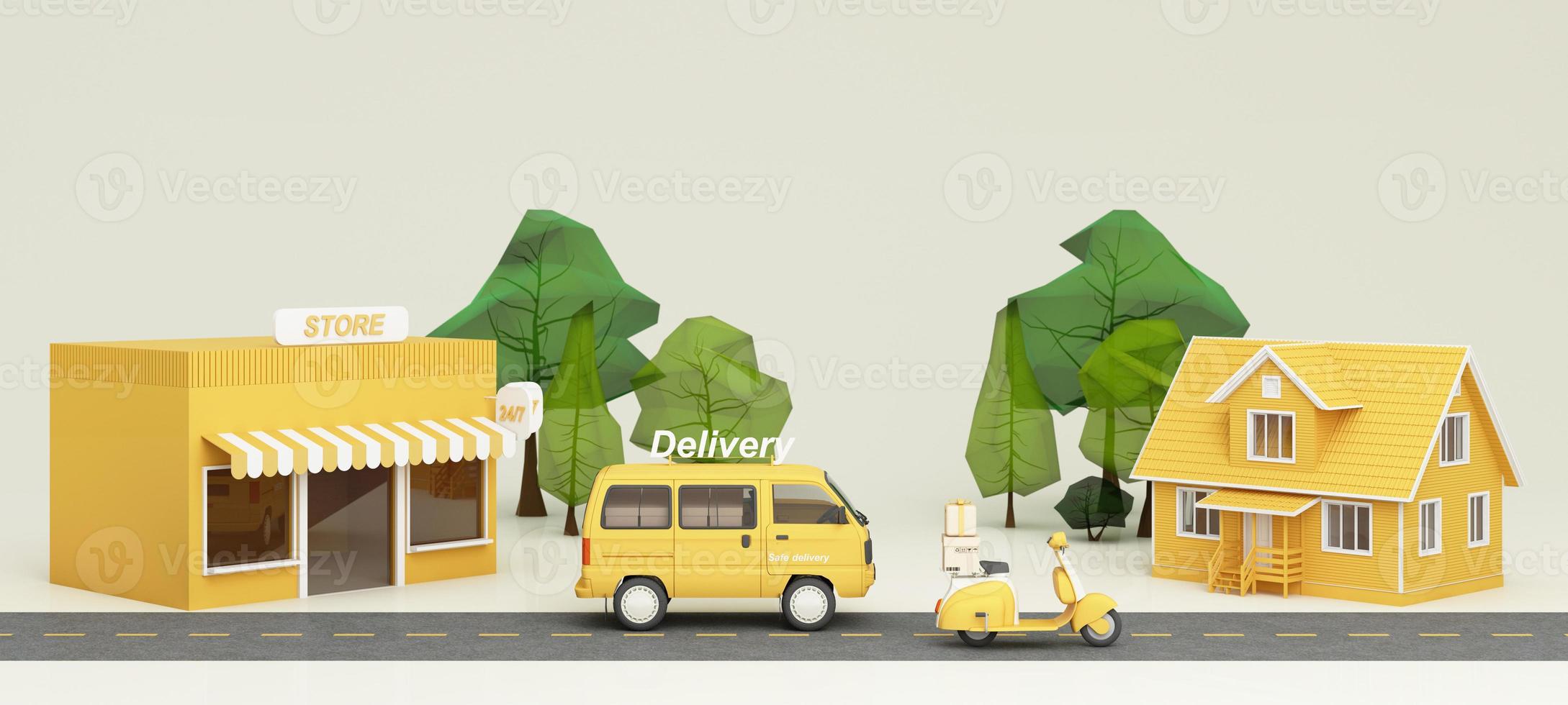 E-commerce concept, Delivery service from front store, Transportation delivery by Vans, truck and motorbike scooter and product packages, gift boxes, tree low polygon on yellow tone 3d rendering photo