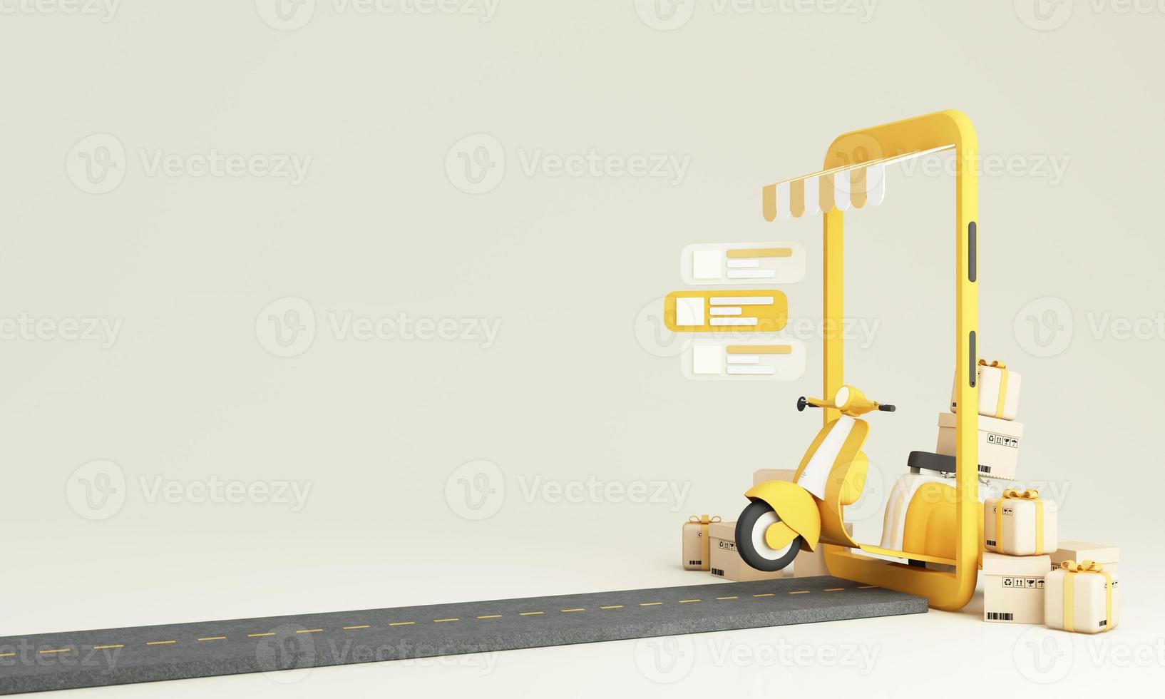 E-commerce concept, Delivery service on mobile application, Transportation delivery by Vans, truck and motorbike scooter with phone screen and product packages, gift boxes yellow tone 3d rendering photo