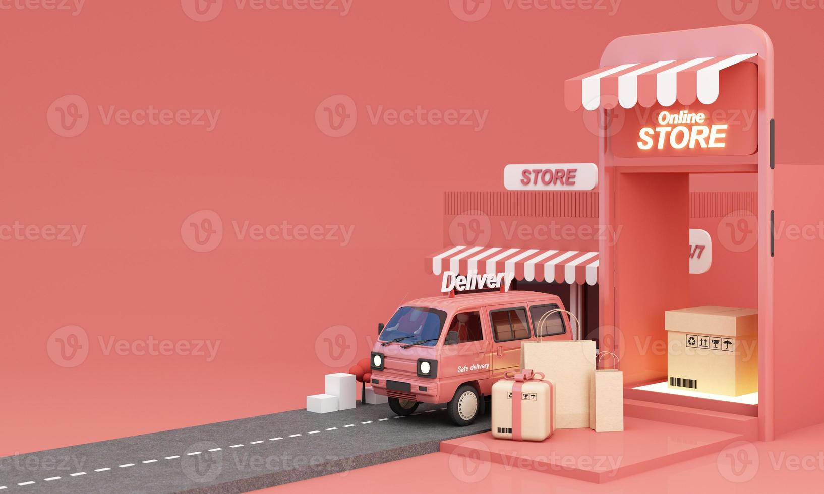 Marketplace online illustration, 3d style internet multi vendor store on laptop computer and phone screen with multi vendor stores Shop sign in orange tones and open 24 hours 3d rendering illustration photo