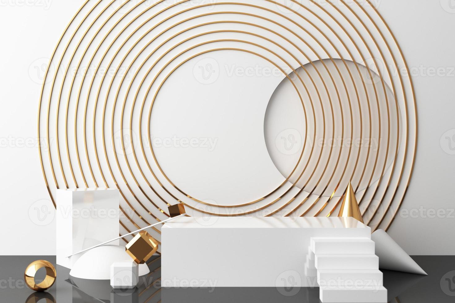 Minimal abstract geometric background with direct sunlight in shades of green and yellow. Showcase scene with empty podium for product presentation 3d rendering photo