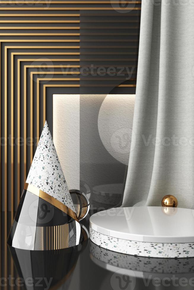 Minimal abstract geometric background with direct sunlight in shades of green and yellow. Showcase scene with empty podium for product presentation 3d rendering photo