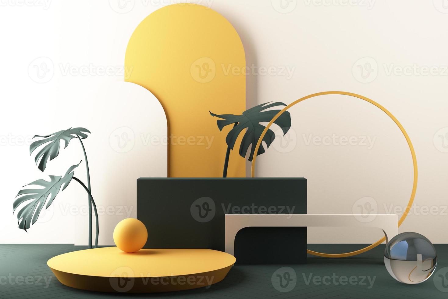 Minimal abstract geometric background with direct sunlight in shades of green and yellow. Showcase scene with empty podium for product presentation 3d rendering photo