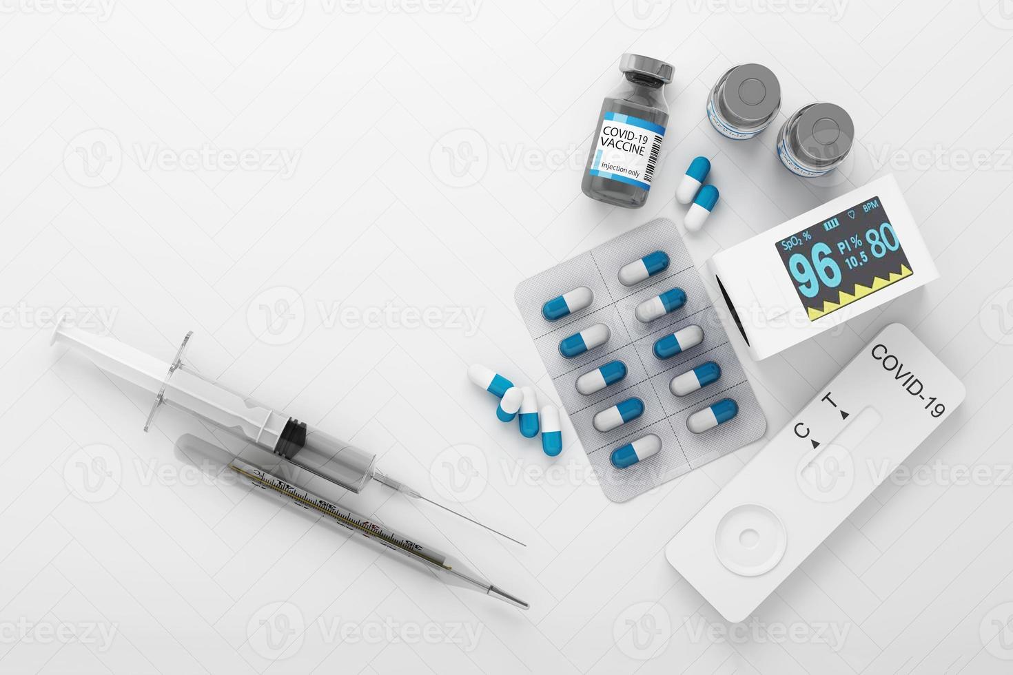 Covid-19 self test kit with vaccine and medicine on white background. 3d rendering photo