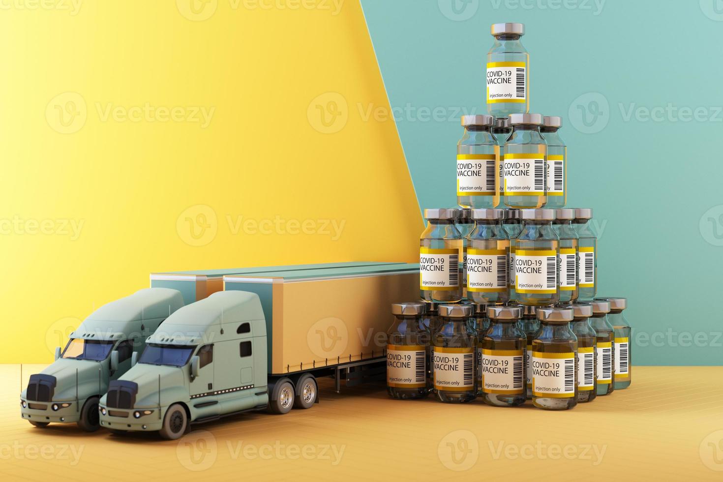 Concept colorful yellow and green tone for the worldwide delivery of COVID-19 coronavirus vaccine by van 3d rendering photo