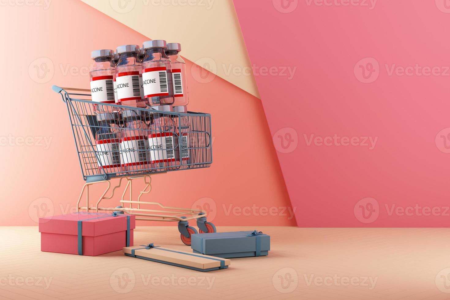 Covid-19 self test kit with vaccine and medicine on background. 3d rendering photo