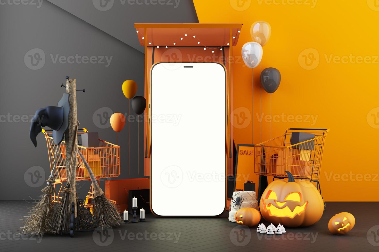 October Halloween Pumpkins head growing with geometric shape with product stand mock up for present on color background 3d rendering photo