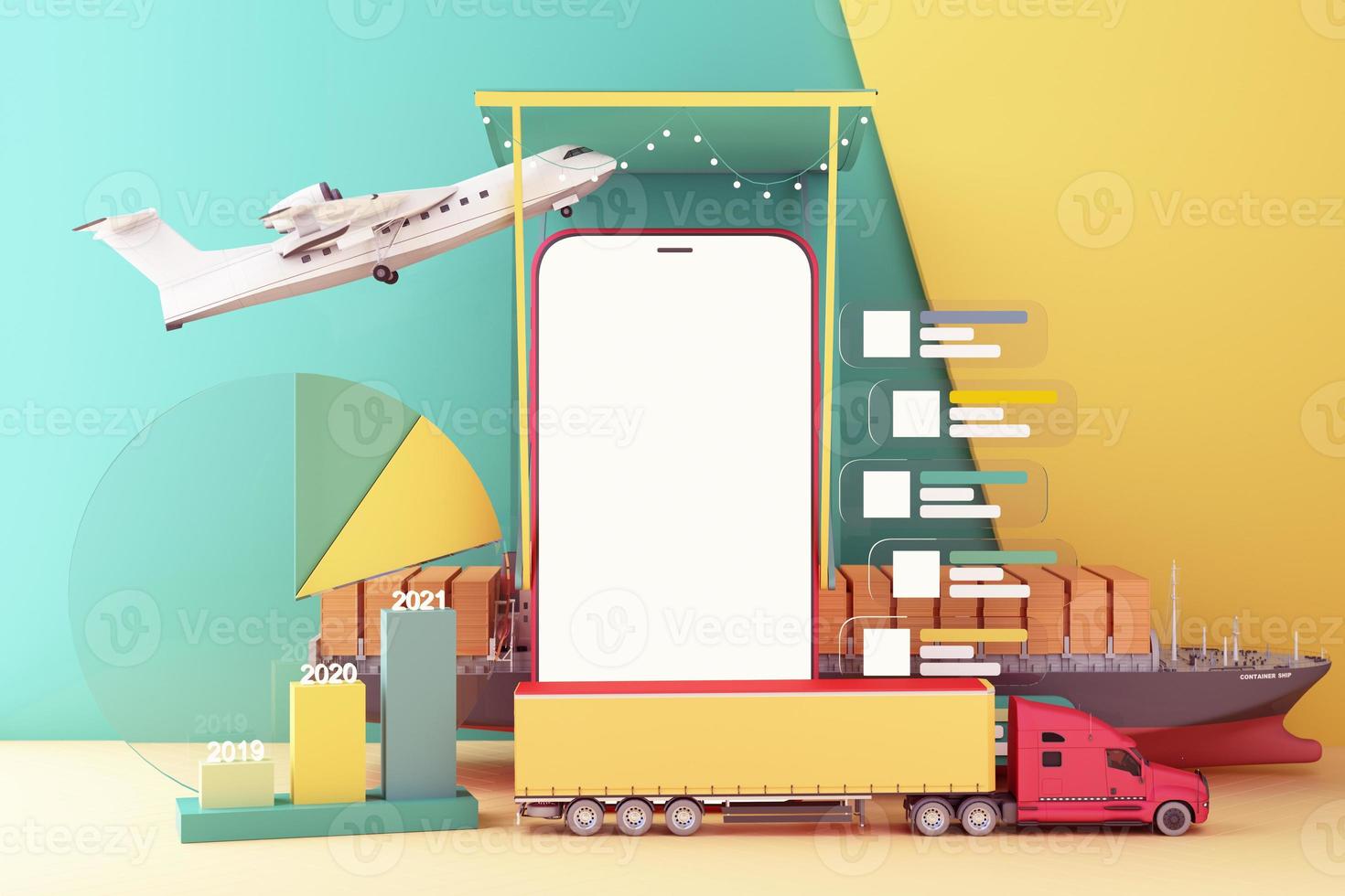 Phone screen online delivery service courier on bike and delivery van with box. Internet shipping web banner with Transportation and logistic digital shopping ad concept on pastel color. 3d rendering photo