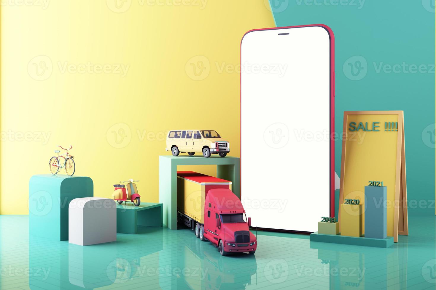 Phone screen online delivery service courier on bike and delivery van with box. Internet shipping web banner with Transportation and logistic digital shopping ad concept on pastel color. 3d rendering photo