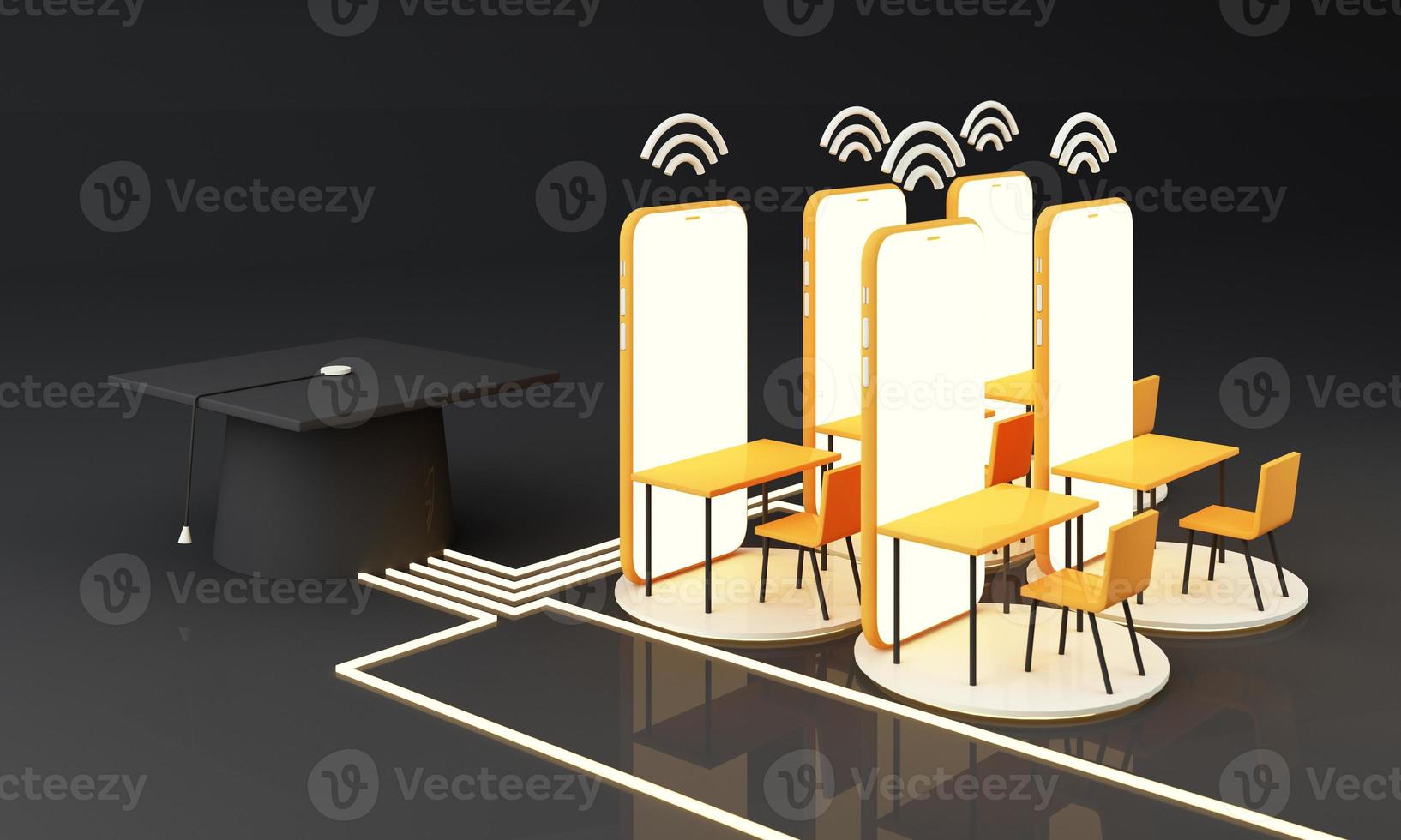 E-learning concept with laptop and wi-fi symbol surrounded by Graduate cap, open books, balloon, Ruler,statistical graph, pencil and magnifying glass on blue and yellow color tone 3d render photo