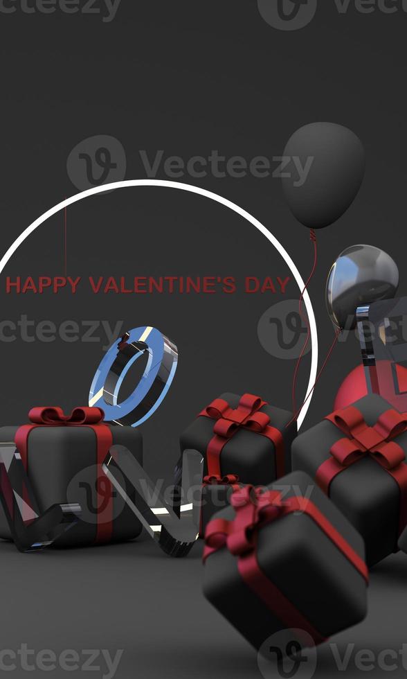 Romantic creative composition. Happy Valentine's Day. Realistic 3d festive decorative objects, heart shaped balloons and love, falling gift box, glitter gold. Holiday banner and poster. 3d render photo