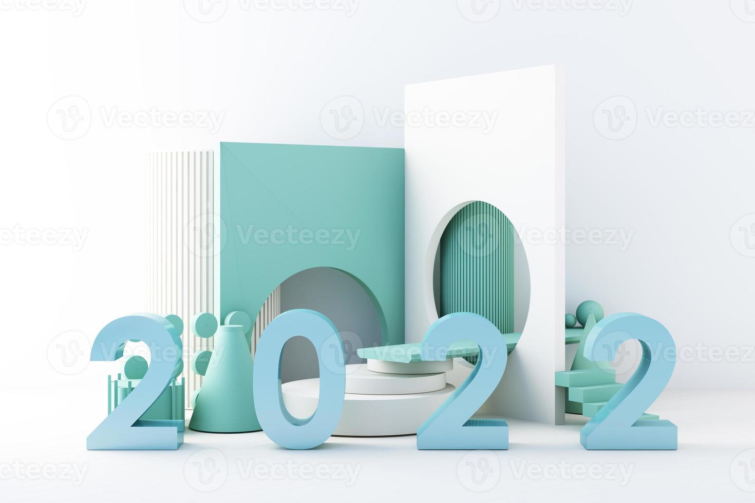 Minimal cosmetic 2022 background for product presentation. with stone and wood rock arc geometric form and podium on gray color concrete wall background. 3d render illustration. photo