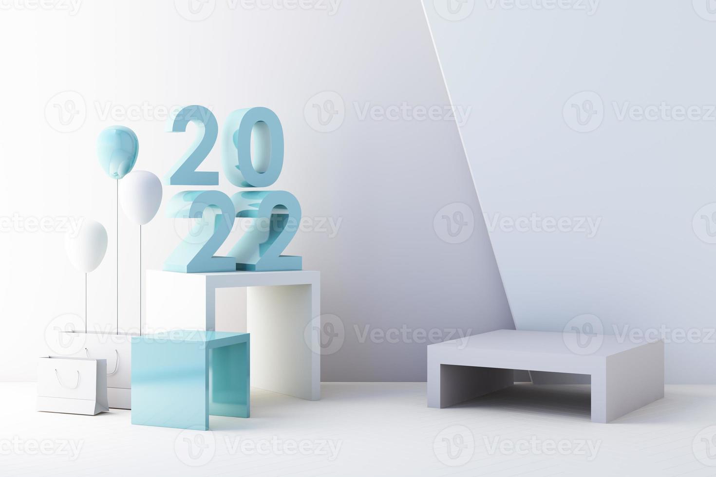 Minimal cosmetic 2022 background for product presentation. with stone and wood rock arc geometric form and podium on gray color concrete wall background. 3d render illustration. photo