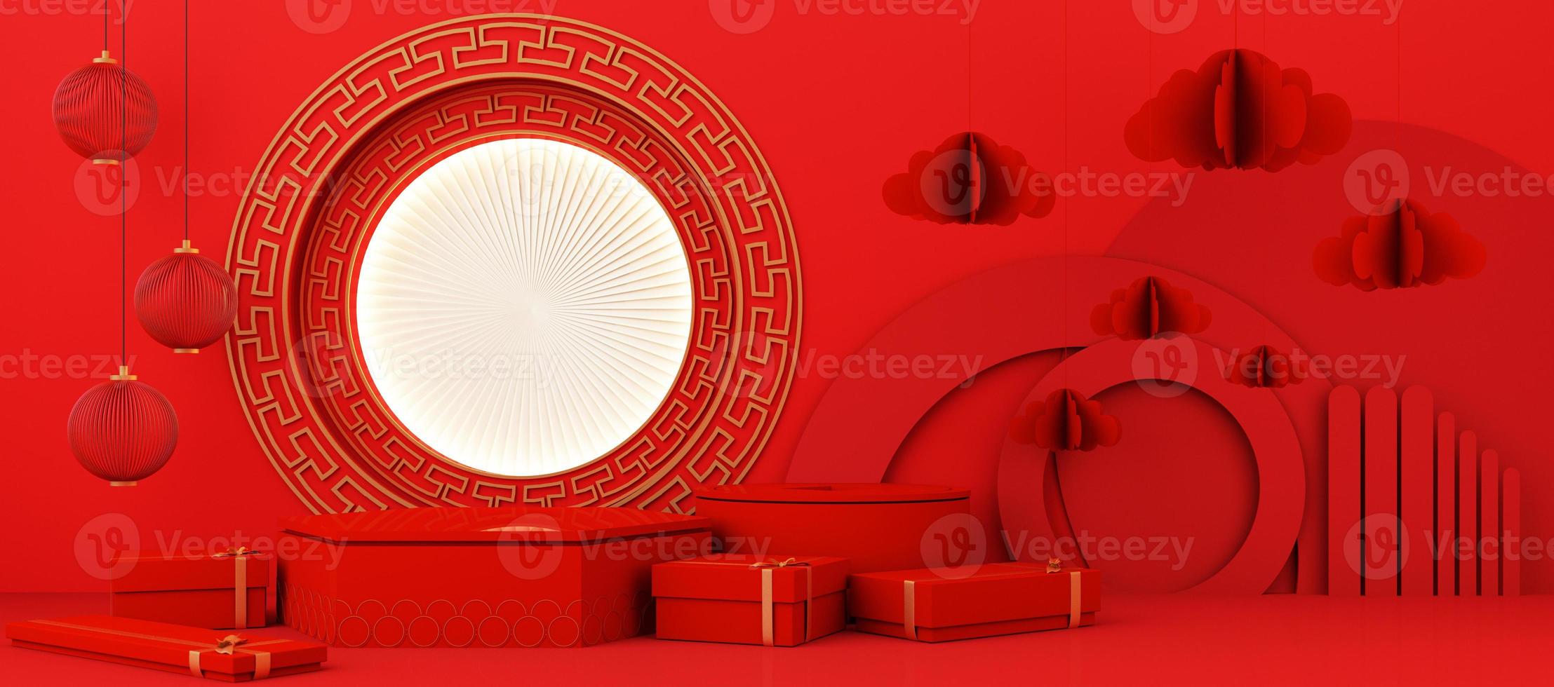 Chinese New Year style red and white podium product showcase with gold and gift, lantern, China pattern scene background. 2022 tiger year Holiday traditional festival concept. 3D rendering photo