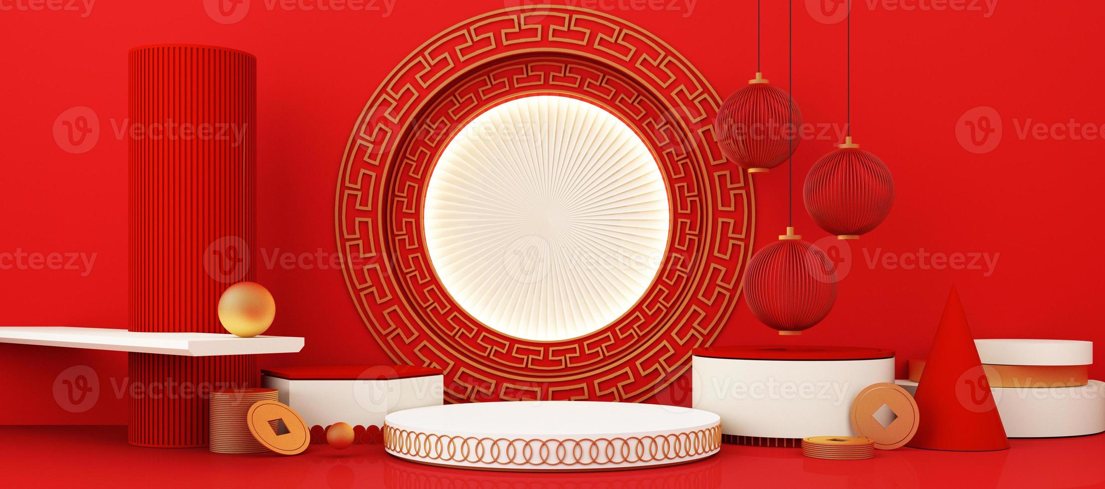 Chinese New Year style red and white podium product showcase with gold and gift, lantern, China pattern scene background. 2022 tiger year Holiday traditional festival concept. 3D rendering photo