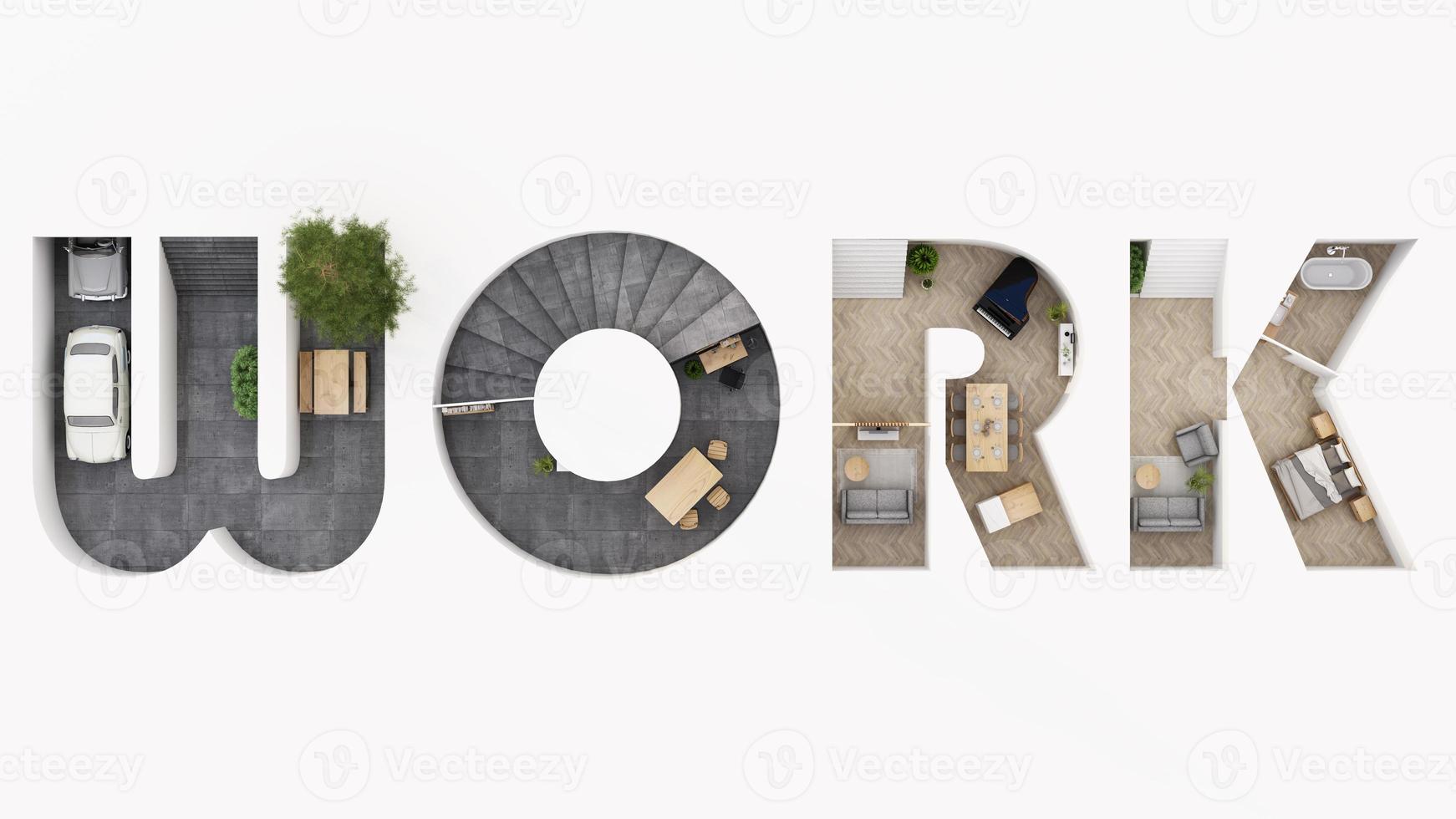 A cross section of a house. concept of work from home, goal of life, Work Life Balance with furniture used in daily life. in white and wood tones, 3D rendering and illustration. photo