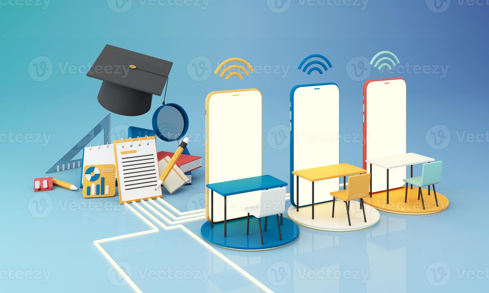 E-learning concept with laptop and wi-fi symbol surrounded by Graduate cap, open books, balloon, Ruler,statistical graph, pencil and magnifying glass on blue and yellow color tone 3d render photo