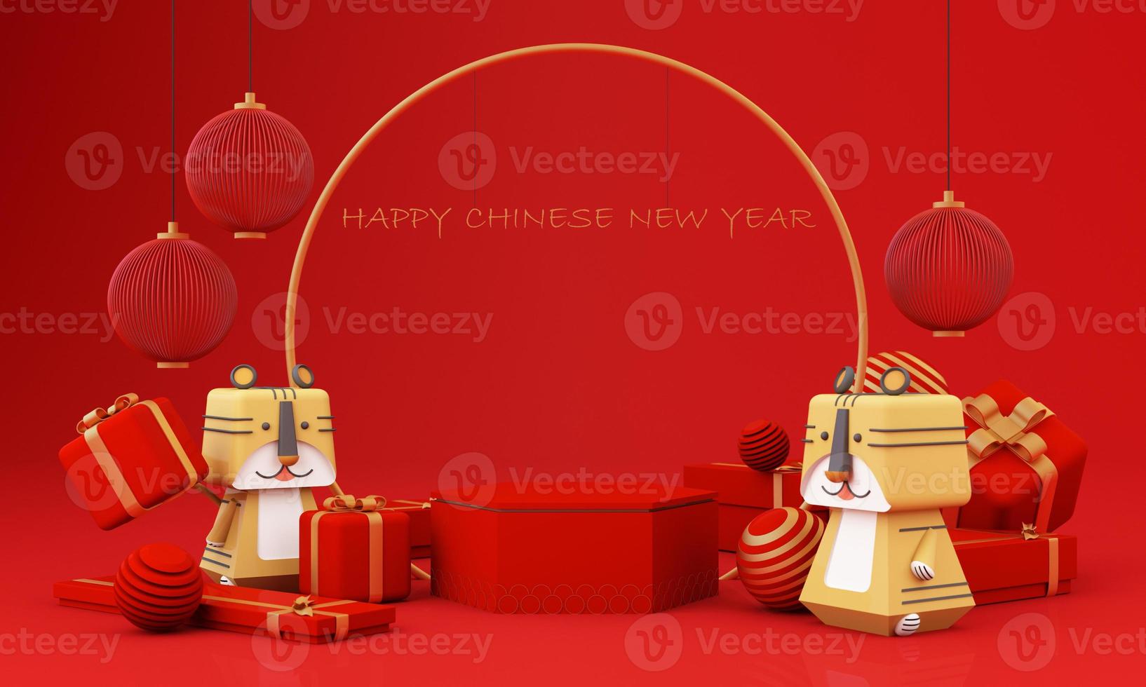 Chinese New Year style red and white podium product showcase with gold and gift, lantern, China pattern scene background. 2022 tiger year Holiday traditional festival concept. 3D rendering photo