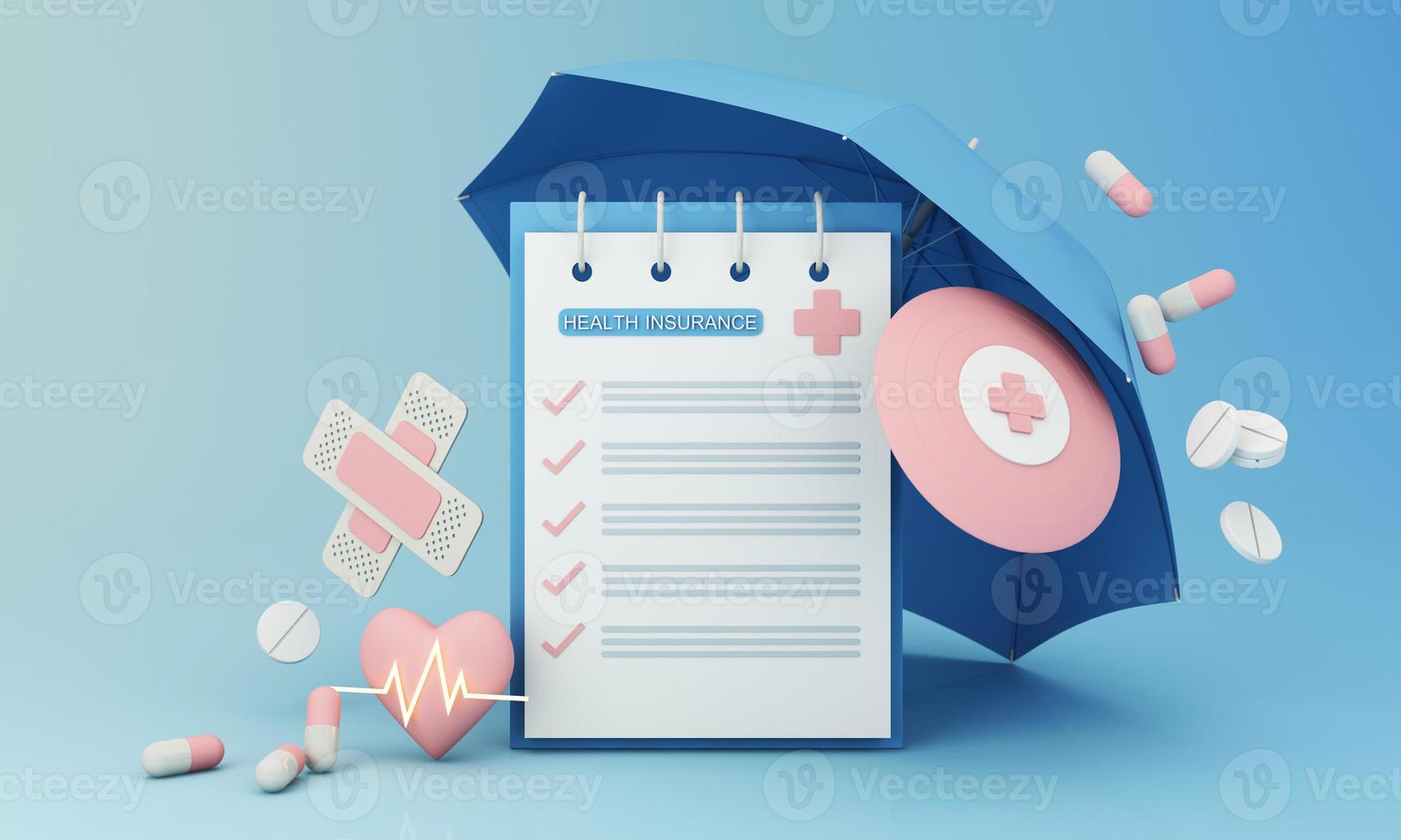 Health insurance concept with words coverage, protection, risk, and security online medicine on a virtual screen and a cartoon wood hand touching a button, isolated on blue background 3d rendering photo