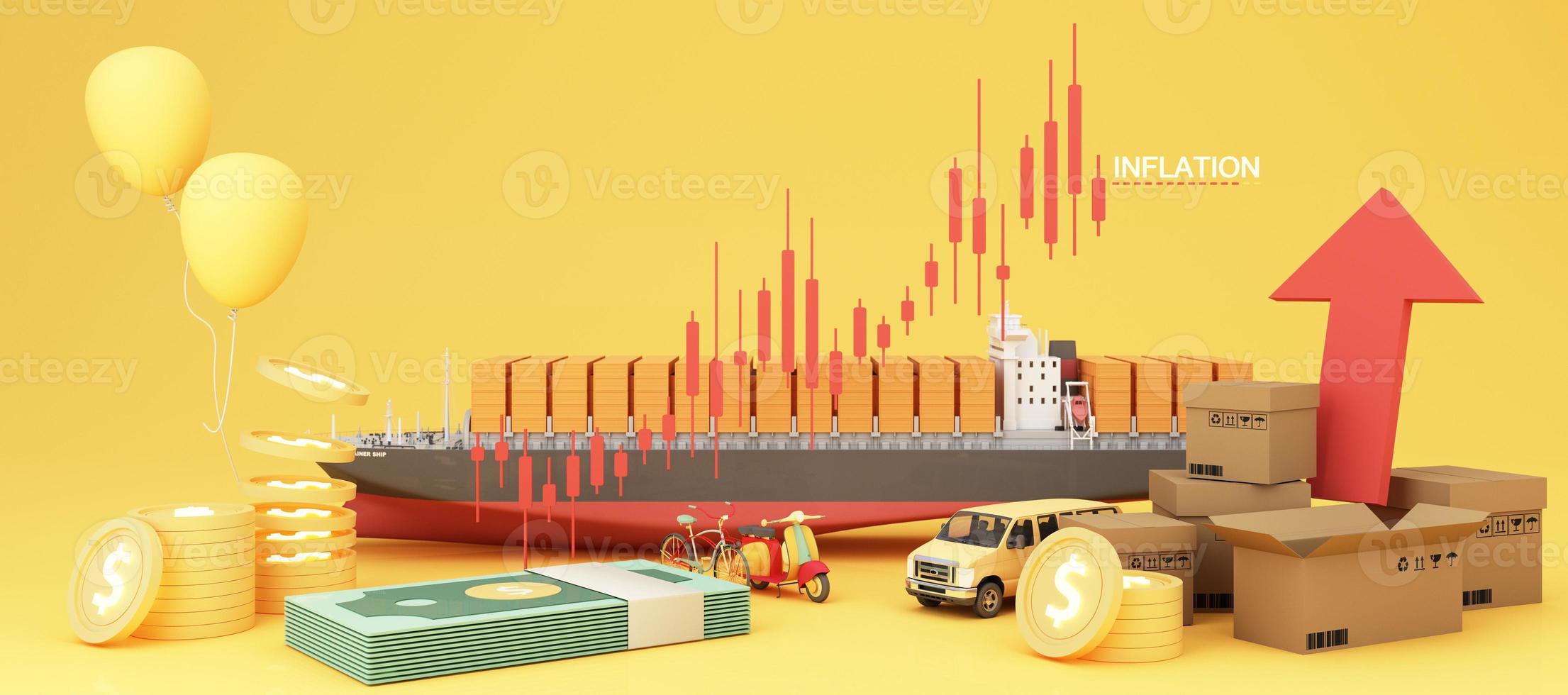 The concept of inflation is increasing. affecting international trade and transportation business in the yellow and red background and transport of the surrounding and cardboard 3d rendering photo