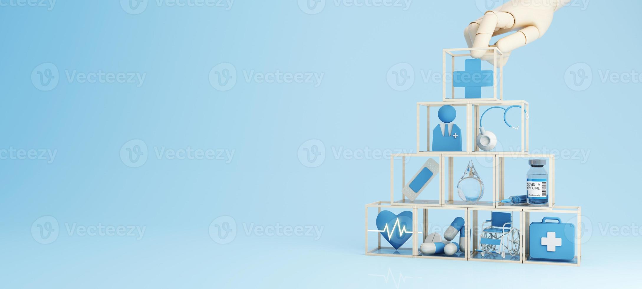 Health insurance concept with words coverage, protection, risk, and security online medicine on a virtual screen and a cartoon wood hand touching a button, isolated on blue background 3d rendering photo