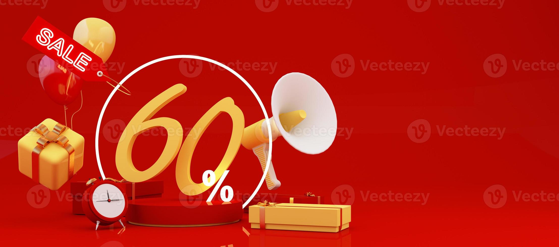 Great discount banner design with SALE text phrase on green and yellow background with gift box, shopping cart bag and alarm clock elements megaphone with product stand 3d rendering photo