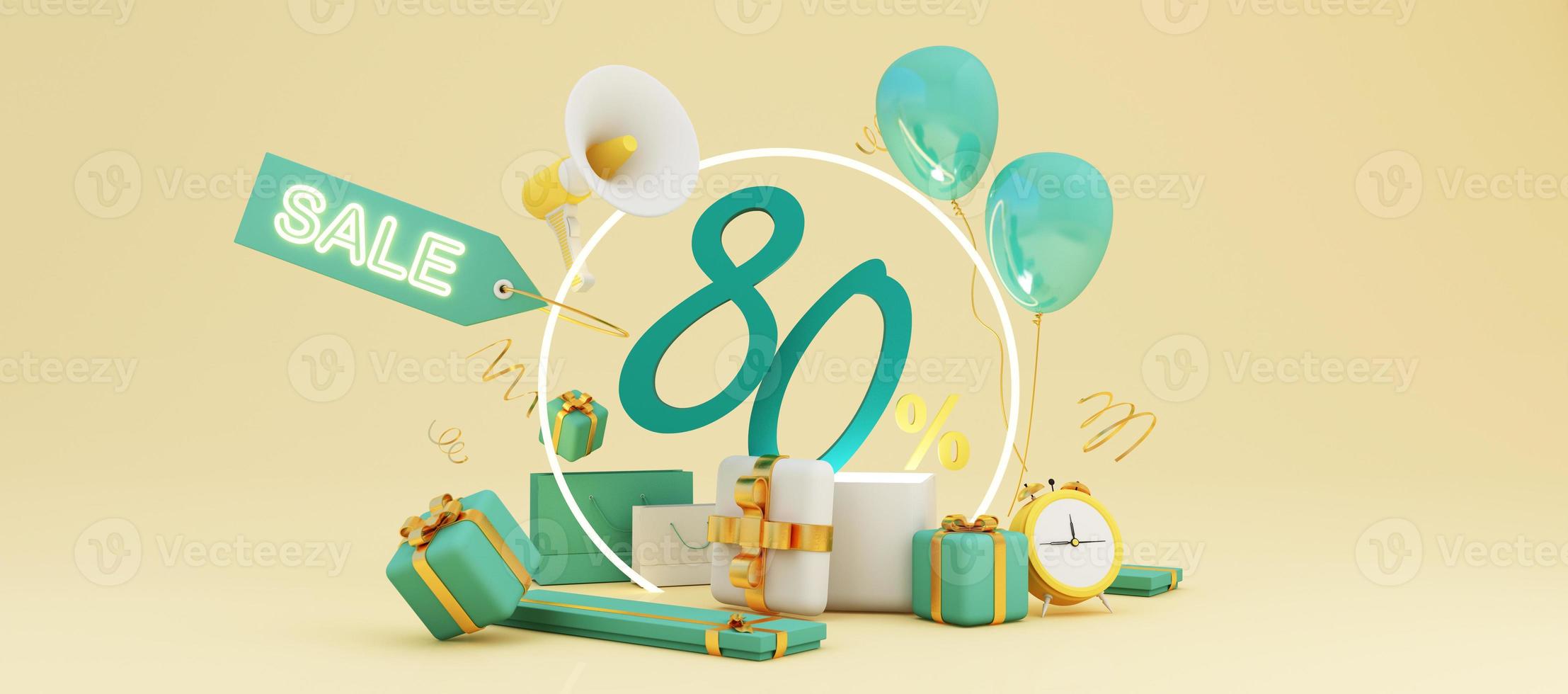 Great discount banner design with SALE text phrase on green and yellow background with gift box, shopping cart bag and alarm clock elements megaphone with product stand 3d rendering photo