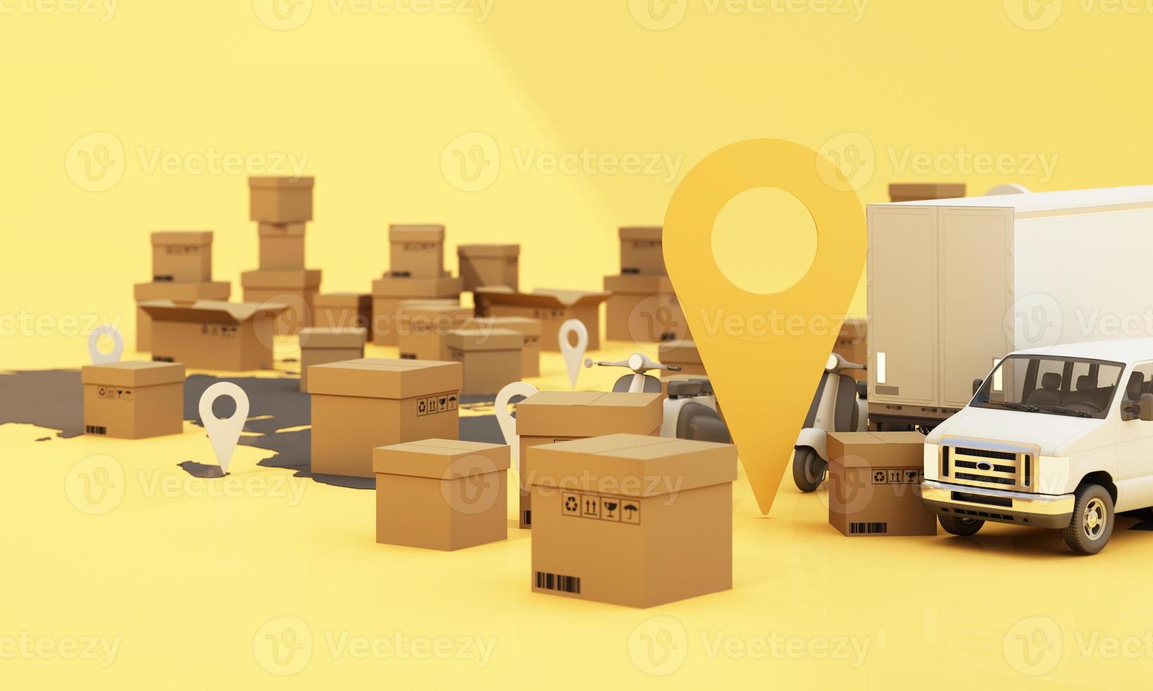 the Earth world map surrounded by cardboard boxes, a cargo container ship, a flying plane, a car, a van and a truck with gps location on blue background 3D rendering isometric view photo