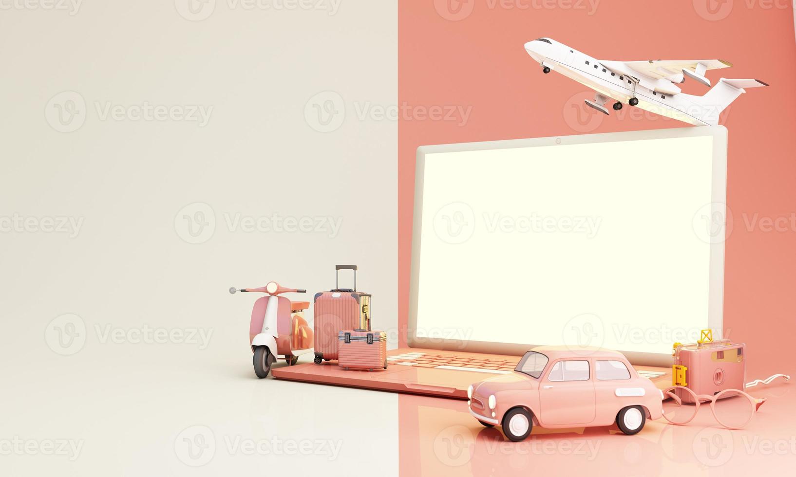 The letter Insurance glows on the cube, blue and yellow. Placed on the world map and model family cartoon characters and planes in the concept of travel insurance, travel and protection. 3d render photo