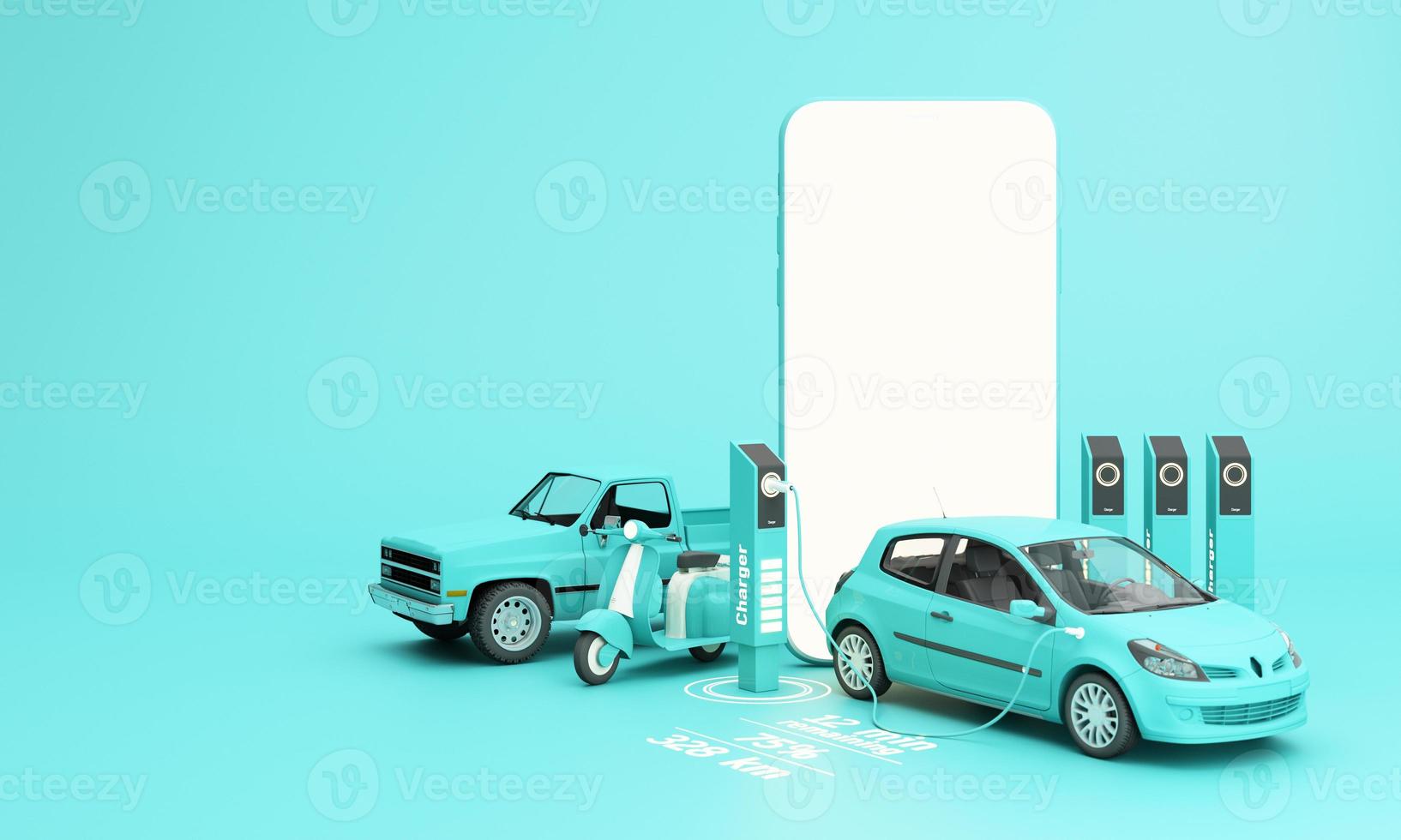 Between the red trucks filling Fuel and electric blue sedan charging. expensive fuel crisis, energy conservation, eco green, concept isolated on red and blue background 3d rendering illustration photo
