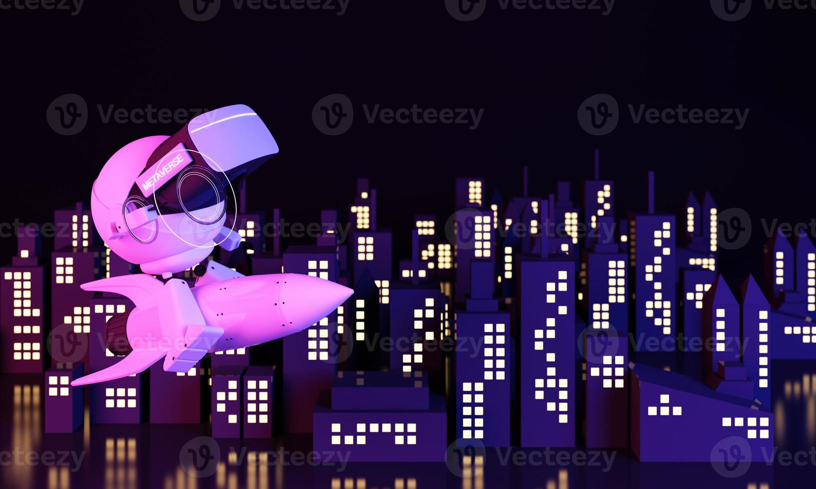 astronaut robot Riding a rocket in virtual world environments tall buildings Metaverse technology future concept. VR virtual digital reality cyber simulation Innovation connection. realistic 3d render photo
