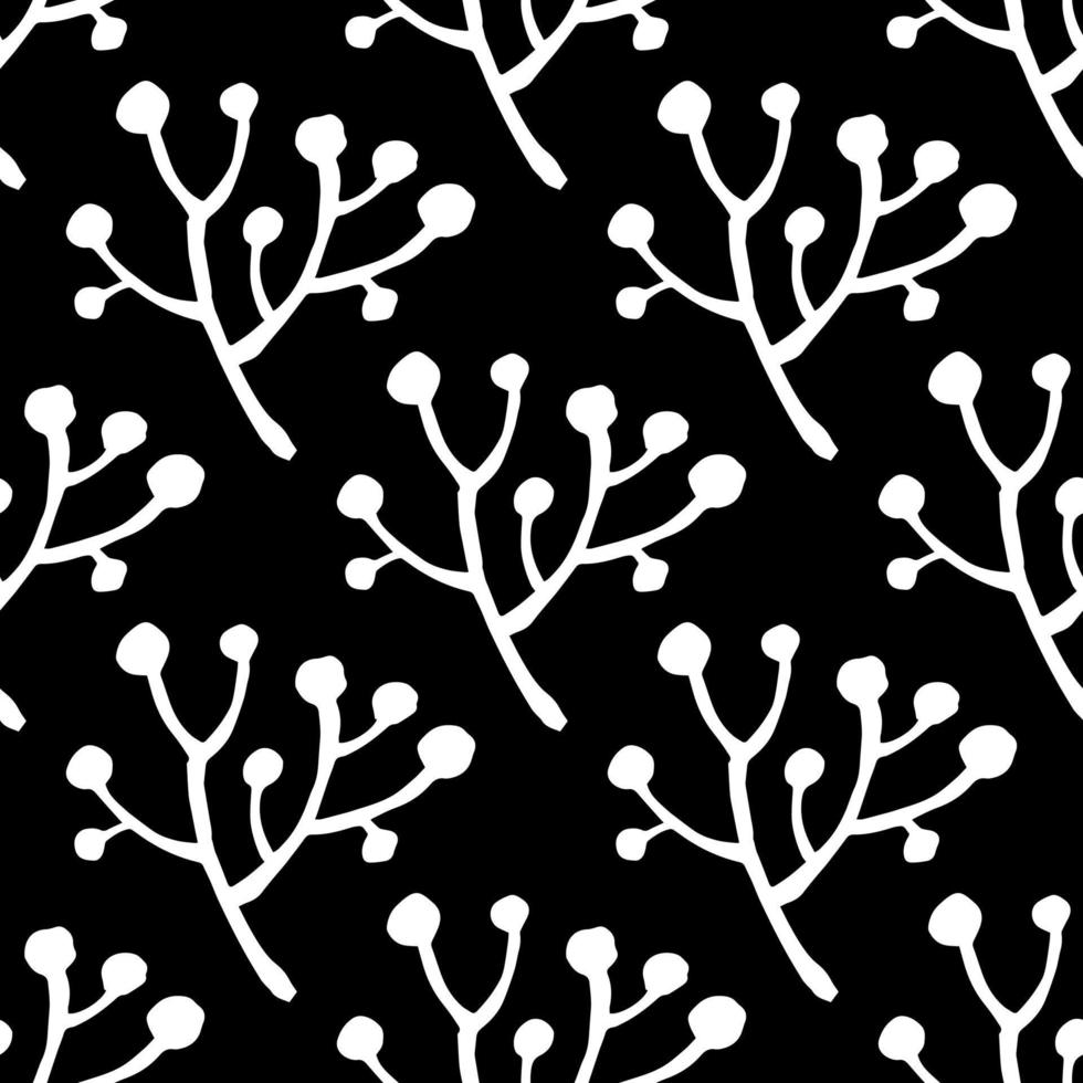 vector de patrones sin fisuras de ramita. rama - fondo blanco y negro. silueta de bayas, adorno floral. papel pintado para imprimir en tela