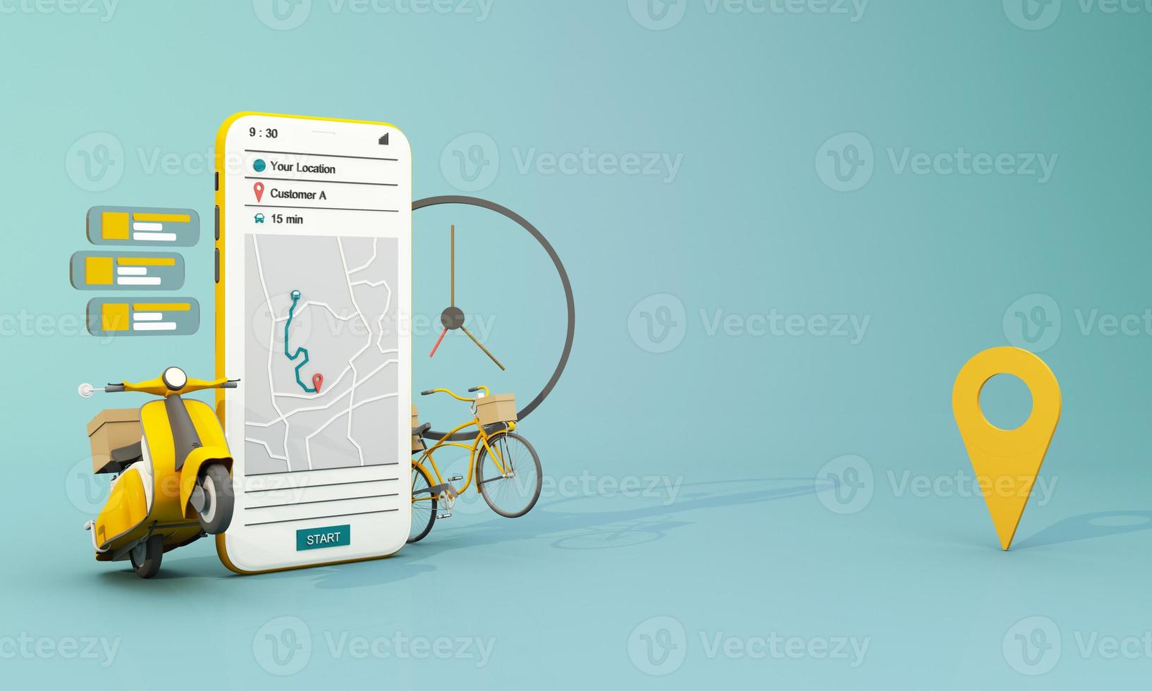 Fast delivery by scooter bike and van with mobile. E-commerce concept. Online food and shopping crate box order with route map. Webpage, app design. yellow and blue background. perspective 3d render photo