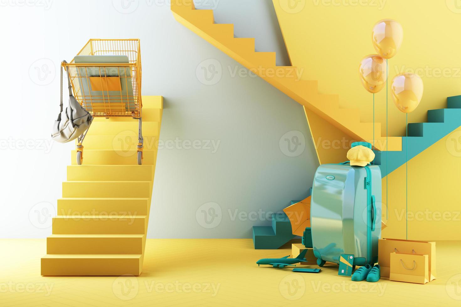 Summer shopping concept with luggage surrounded by umbrellas, shoes and cameras along with airplane models and clothes on hanger trendy geometric shapes with product stand 3d rendering photo