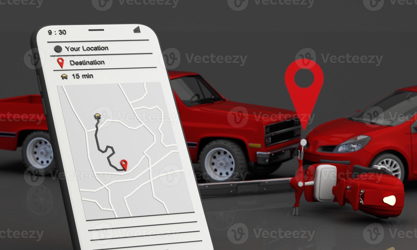 Car protection and safety assurance concept, modern red automobile sedan truck van under white text font and umbrella, isolated on red background, 3d illustration rendering isometric photo