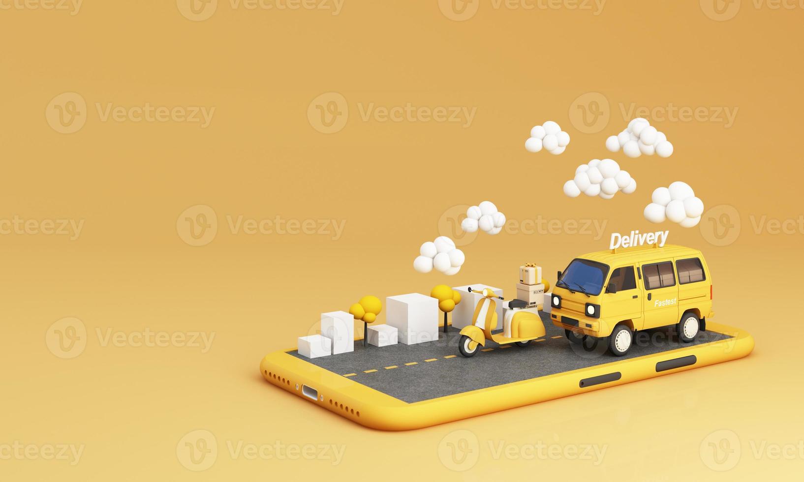 E-commerce concept, Delivery service on mobile application, Transportation delivery by Vans, truck and motorbike scooter with phone screen and product packages, gift boxes yellow tone 3d rendering photo