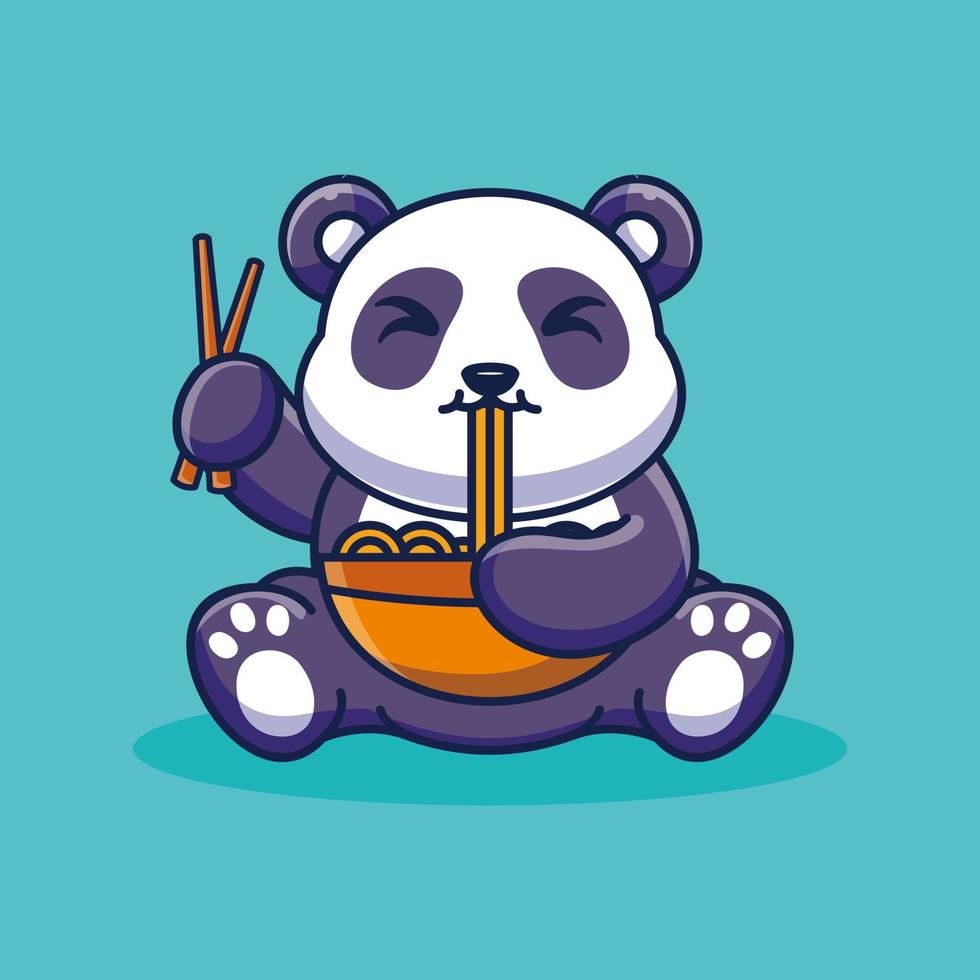 Cute panda eating ramen noodle cartoon premium vector