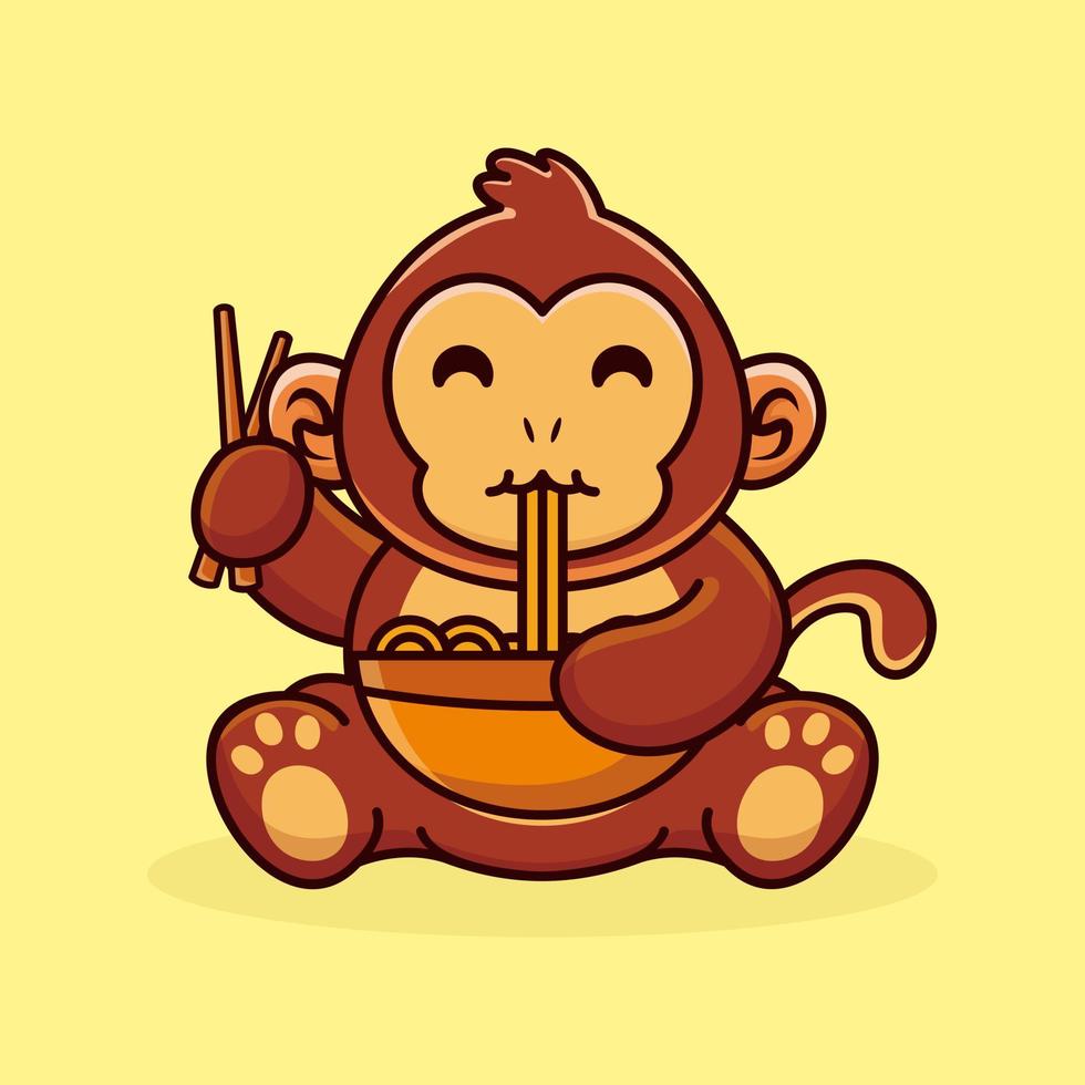 Cute monkey eating ramen noodle cartoon premium vector
