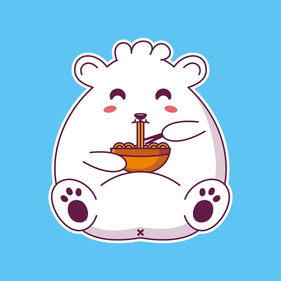 Cute happy funny white bear eat noodle vector