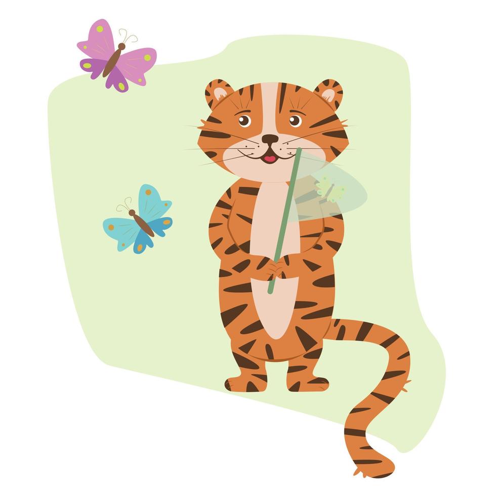 tigre atrapando mariposas en verano. linda ilustración brillante para libros infantiles o tarjetas de felicitación vector