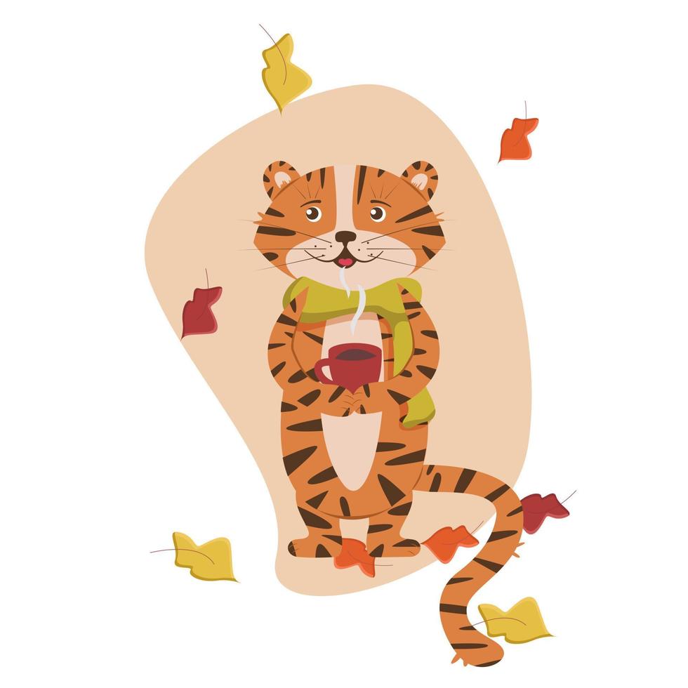 pequeño tigre calentándose con una taza de café en otoño mientras las hojas caen vector