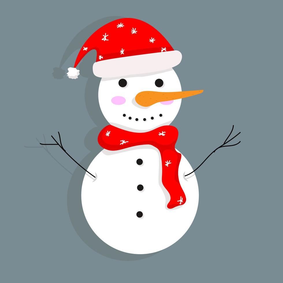 Snowman in a red hat and scarf with snowflakes. vector