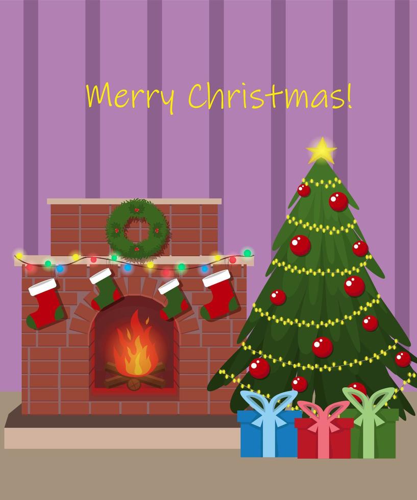 Room with a fireplace, christmas tree and gifts. vector